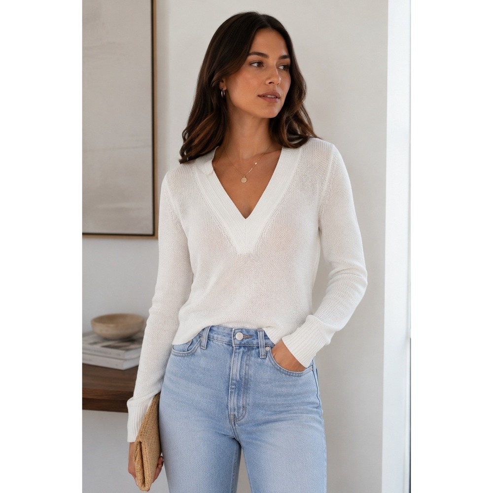 Jason Wu Womens White Varsity V-Neck Knit Sweater Long Sleeve Size S
